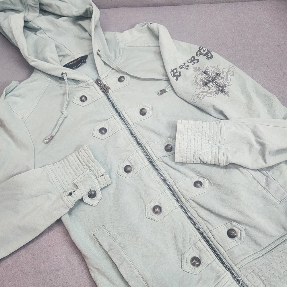 BCBGMAXAZRIA Military Hoodie Mint Green Rhinestone Cross Y2K Women Size Small